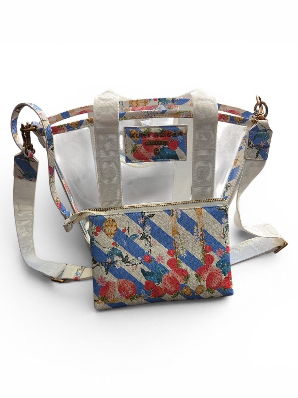 Kurt Geiger Clear Floral And Strawberry Crossbody Tote Bag with Blue Accents - Picture 5 of 7